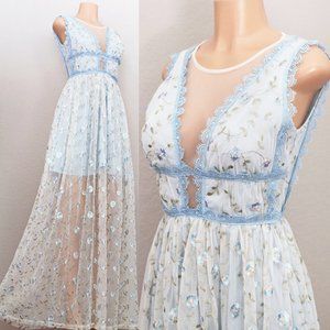 NWT Blue Floral Embroidered Mesh Tulle Maxi Dress